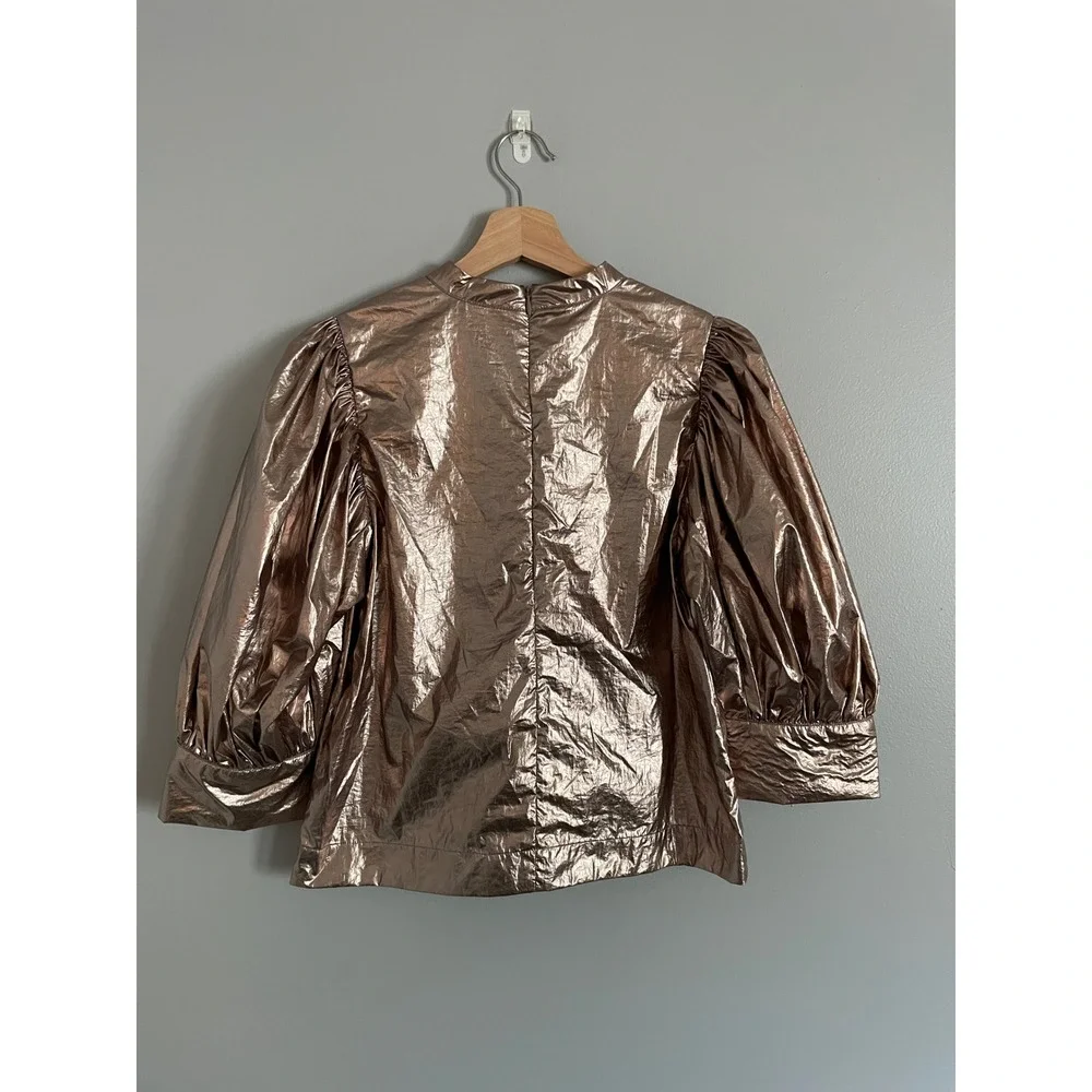 Farm Rio Metallic Blouse Womens S Bronze Rose Gold Puff Sleeve Glam Party Top